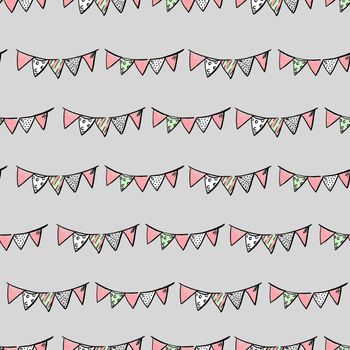 Festive garland of colored flags on gray background. Seamless pattern.