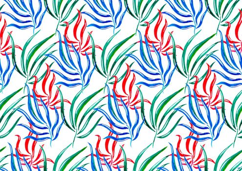 Tropical palm leaf illustration background seamless pattern. Leaves of palm tree. Seamless pattern. Hand drawn illustration
