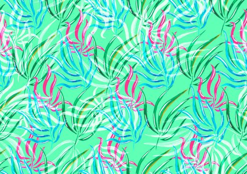 Tropical palm leaf illustration background seamless pattern. Leaves of palm tree. Seamless pattern. Hand drawn illustration