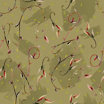 Botanical seamless pattern. Hand drawn twigs on the texture of stains and splashes of paint. Abstract leaves