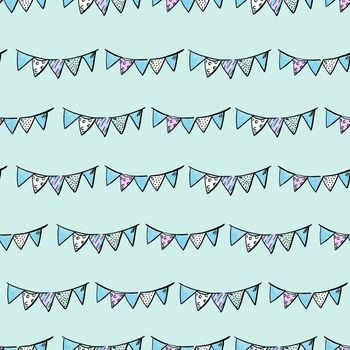 Festive garland of colored flags on blue background. Seamless pattern.