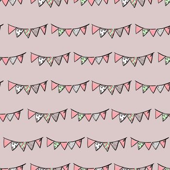 Festive garland of colored flags on gray background. Seamless pattern.