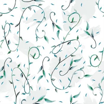 Botanical seamless pattern. Hand drawn twigs on the texture of stains and splashes of paint. Abstract leaves
