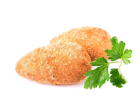 two fried breaded cutlet isolated on white