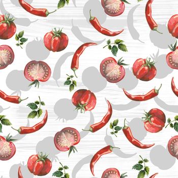 Seamless hand drawn pattern with tomatoes, slices, halves and cherry tomatoes. Natural background for textiles, banner, wrapping paper and other and designs. Hand drawn illustration