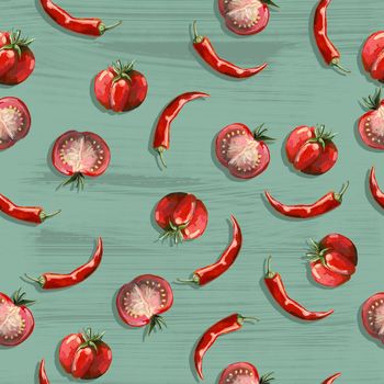 Seamless hand drawn pattern with tomatoes, slices, halves and cherry tomatoes. Natural background for textiles, banner, wrapping paper and other and designs. Hand drawn illustration