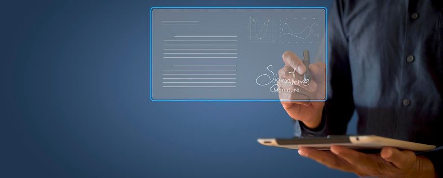 businessman use electronic pen sign signature on electronic  E-signing, data sheet document management, paperless office concept. Businessman using stylus pen signing e document on digital tablet.