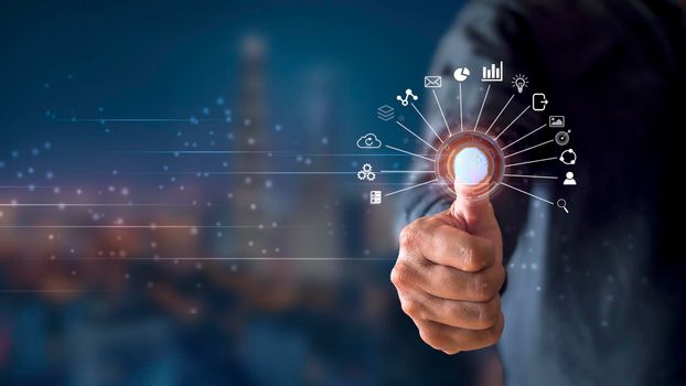Businessman hand using fingerprint identification to access personal financial data, Fingerprint scan provides security access with biometrics identification. Business technology concept. With copy space banner
