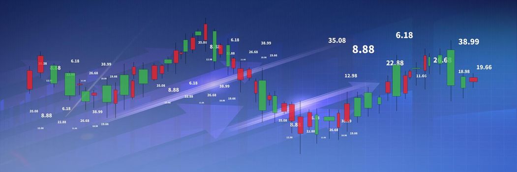 Stock market business candle stick graph chart investment trading on blue background. Graph bullish point up trend. Economy financial design banner