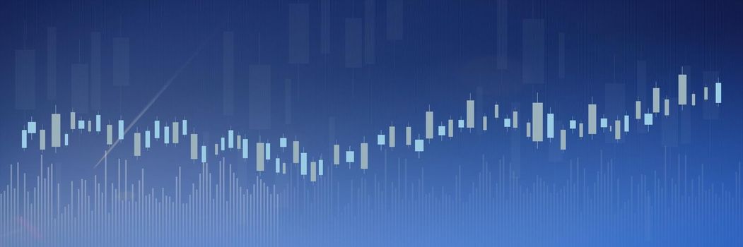Stock market business candle stick graph chart investment trading on blue background. Graph bullish point up trend. Economy financial design banner