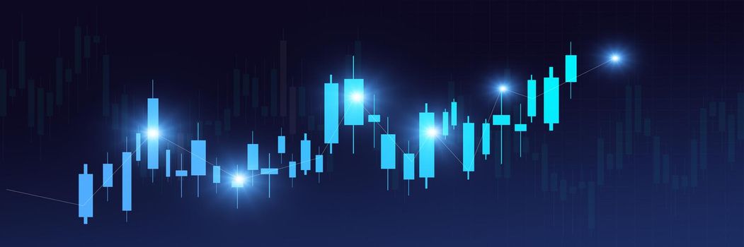 Stock market business candle stick graph chart investment trading on blue background. Graph bullish point up trend. Economy financial design banner