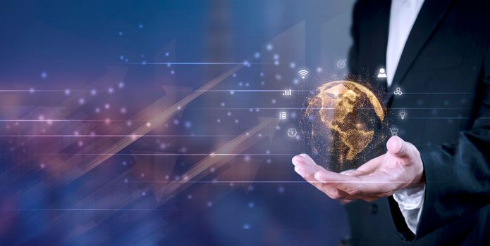 Hand of businessman with global internet connection application technology and digital marketing, Financial and banking, Digital link tech, big data. business concept