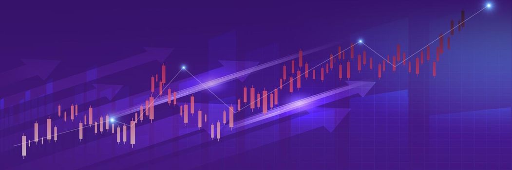 Stock market business candle stick graph chart investment trading on blue background. Graph bullish point up trend. Economy financial design banner