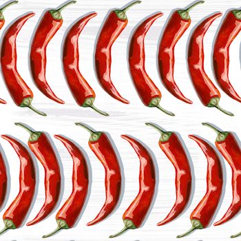 Seamless hand drawn pattern with hot chili pepper on white background. Hand drawn illustration