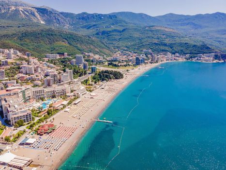 Aerial view of the beaches of the Adriatic coast in Montenegro.