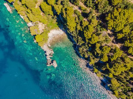 Picturesque sea Adriatic coast of Montenegro. Turquoise Mediteran sea and rocky shore with evergreen coniferous trees. Wonderful summer landscape. Drone.