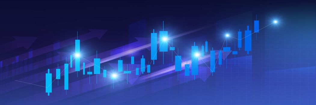 Stock market business candle stick graph chart investment trading on blue background. Graph bullish point up trend. Economy financial design banner