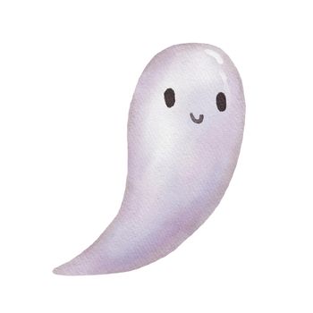 Simple cute ghost, watercolor illustration isolated on white. Ghost smiling drawing for halloween.