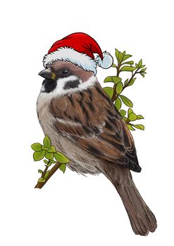 A sparrow in a New Year's hat is ready for the New Year art