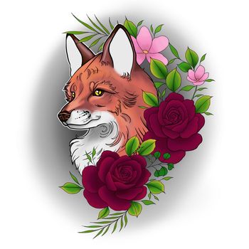 Colored Red Fox with flowers roses art tattoo illustration