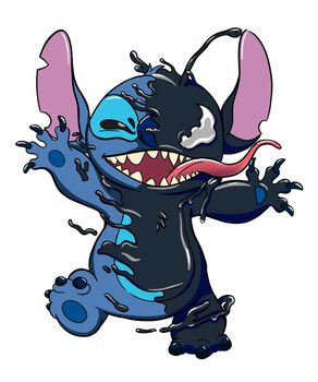 cartoon color drawing of stitch angry cute with venom art illustration. genetic experiment alien blue-blue color