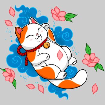 art cat bringing good luck with a bell on a red string with flowers illustration