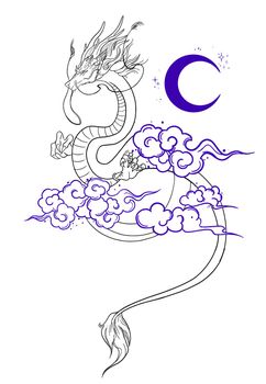 sketch beautiful writhing dragon with clouds and moon illustration