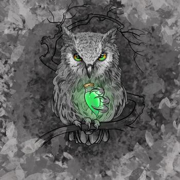 menacing owl with a glowing potion in its paw in black and white style illustration