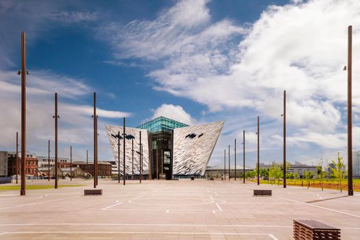 Belfast, Northern Ireland - June 28, 2017: Titanic Belfast - museum, touristic attraction and monument to Belfast's maritime heritage on the site of the former Harland and Wolff shipyard.