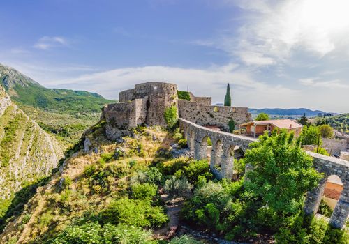 Old city Sunny view of ruins of citadel in Stari Bar town near Bar city, Montenegro. Drone view.