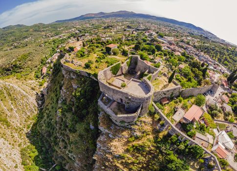 Old city Sunny view of ruins of citadel in Stari Bar town near Bar city, Montenegro. Drone view.