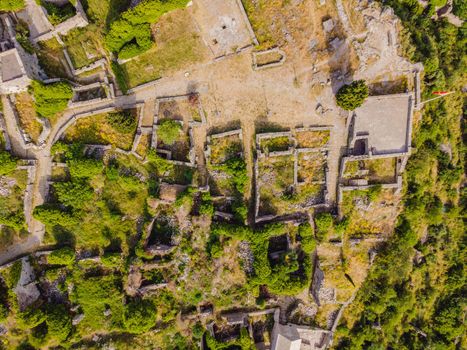 Old city Sunny view of ruins of citadel in Stari Bar town near Bar city, Montenegro. Drone view.