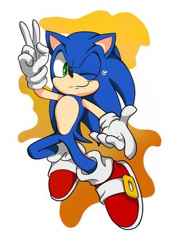 Loose bright blue hedgehog Sonic in a jump with a peace sign. High quality photo