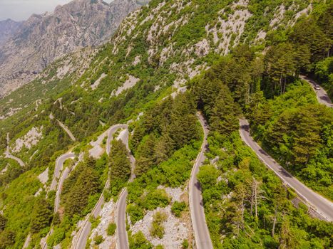 Aerial view on the Old Road serpentine in the national park Lovcen, Montenegro.