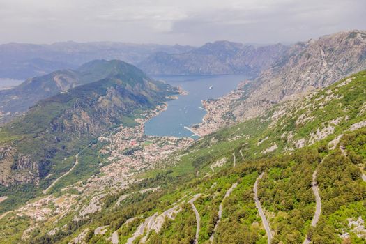 Aerial view on the Old Road serpentine in the national park Lovcen, Montenegro.