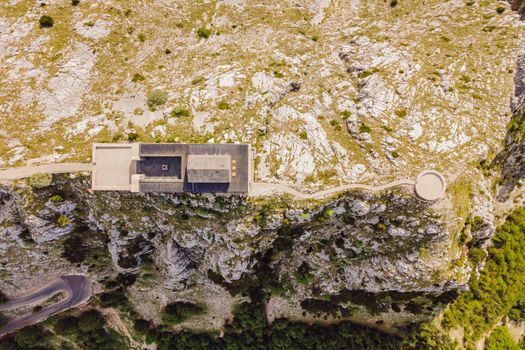 Montenegro. Lovcen National Park. Mausoleum of Negosh on Mount Lovcen. Drone. Aerial view. Viewpoint. Popular tourist attraction. Petar II Petrovic-Njegos mausoleum on the top of mount Lovchen in Montenegro. Aerial view, drone.