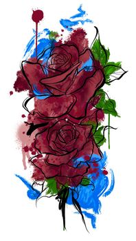 illustration of bright flowers with black outline in a watercolor style. Roses sunflowers lotuses