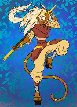 The king of monkeys in female form with a golden staff 2D illustration