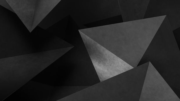 Gray geometric shapes of triangles background. Dark concrete background. 3d Rendering.