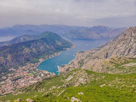 Beautiful nature mountains landscape. Kotor bay, Montenegro. Views of the Boka Bay, with the cities of Kotor and Tivat with the top of the mountain, Montenegro.