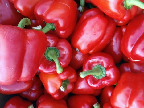 Pile of Fresh red peppers for sale at Farmers Market in Oahu, Hawaii.