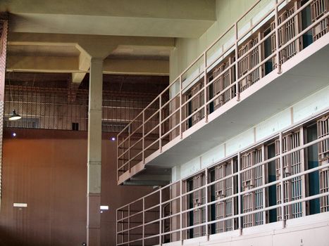 Rows of Prison cells inside Alcatraz Prison in San Francisco, California