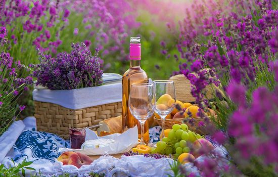 Wine in a lavender field. Selective focus. Food.