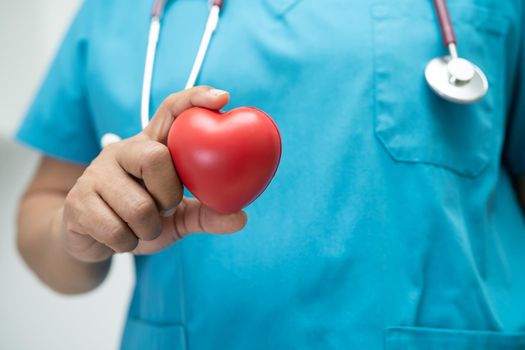 Doctor holding a red heart in hospital ward, healthy strong medical concept.