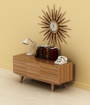Dial phone, books and desk lamp on vintage style buffet table. 3D illustration.