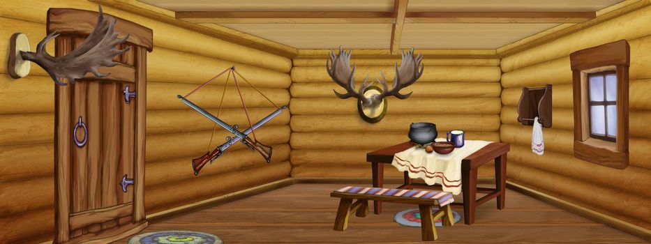 Wooden hunting lodge interior in retro style. Digital Painting Background, Illustration.