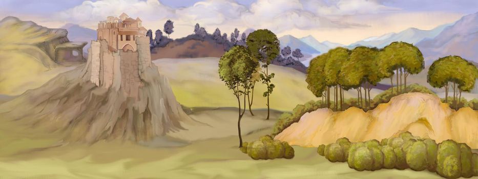 Italian landscape in the style of Vittore Carpaccio. Digital Painting Background, Illustration.