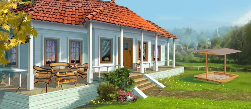 Country house with a veranda on a sunny day. Digital Painting Background, Illustration.