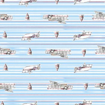 Blue stripe with hand drawn sailboats seamless pattern nautical mood ,Design for fashion , fabric, textile, wallpaper, cover, web , wrapping and all prints
