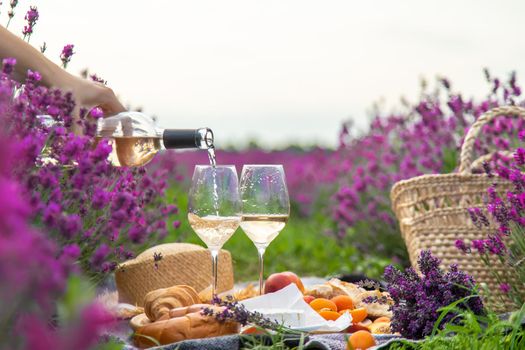 The girl is resting in a lavender field, drinking wine. Selective focus. Relaxation